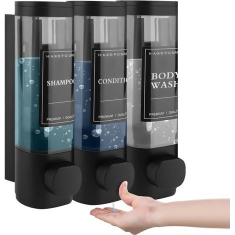 Lot de 3 distributeurs de savon, fixation murale, 300 ml, sans perçage, pour lavabo, salle de bain, gel douche, shampoing, lotion pour cuisine et salle de bain,noir (1/5)