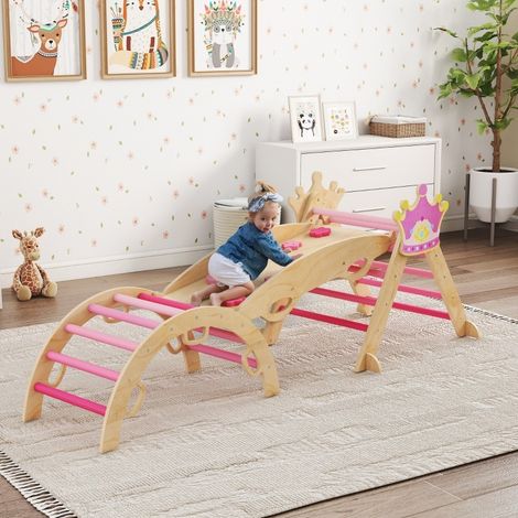 Juego de escalada infantil 98x44x19 cm, 8 en 1, con rampa regulable, madera, rosa (1/5)