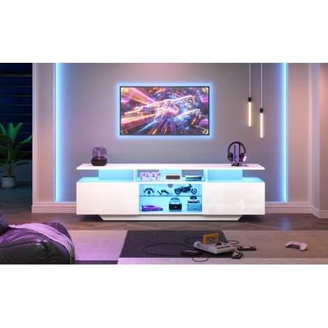 Mobile TV in MDF bianco lucido con LED, 160 x 40 x 45 cm, 2 ante, 8 vani e ripiani in vetro temperato (1/5)