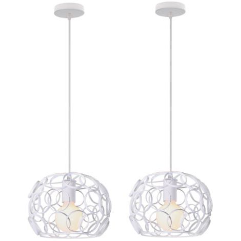 royaluxe- 2PCS Suspension Luminaire Cage Ronde Lampe À Suspension En Fer Métallique Plafonnier Rétro Vintage Pour Club Bar Café Blanc