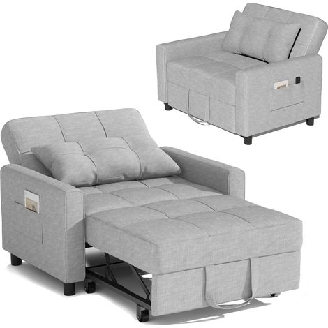 Fauteuil-lit Convertible 1 Place 3 en 1 - Dossier Réglable, Sur Roulettes, Tissu Lin - 87x86 cm