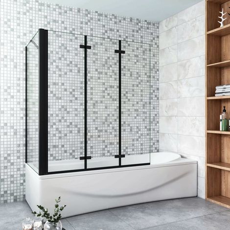 Parete Doccia Per Vasca con Lato Fisso 130x70 cm H.140 cm 3 Ante Movibili Pieghevoli a Libro in Vetro Temperato 6 mm Trasparente Anticalcare Telaio Nero Opaco