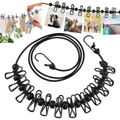 Étendoir à linge portable d'extérieur avec 12 pinces pour le camping et les voyages (noir) (1/5)