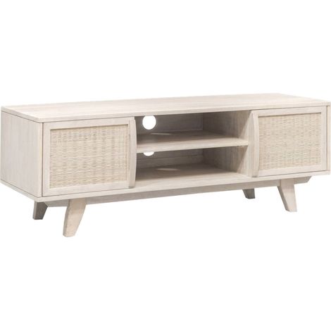 Meuble TV élégance rotin et bois clair - Blanc nuancé de beige naturel