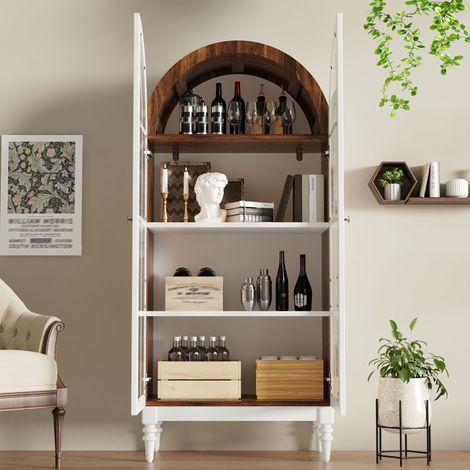 Vitrine arc 165 cm doubles portes verre cannelé, 3 niveaux étagères, rangement déco salon salle à manger, noyer et blanc (1/5)