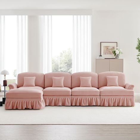 Modulares 4-Sitzer-Ecksofa, L-förmiges Sofa aus Chenille-Stoff mit Hocker und abnehmbarem Volant, 350x140x93 cm – Komfortables und modernes Sofa fürs Wohnzimmer – Rosa