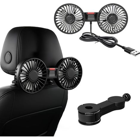 Ventilateur de Voiture à Double Tête, rotation à 360° Ventilateur de Véhicule 12V USB Refroidissement Silencieux Ventilateur pour Siège Arrière, 3 vitesses réglables