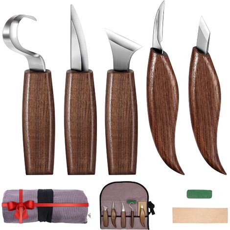 AIDUCHO Ensemble d'outils de kits de sculpture sur bois 7 en 1 pour débutants, outil de crochet, outil en bois, outil de grain, outil oblique, outil de coupe pour cuillère, bol, tasse et menuiserie gé (1/5)