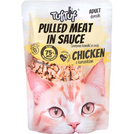 Morceaux de viande séchée TufTuf en sauce, aliment humide pour chat au poulet, sachet de 100 g (1/3)