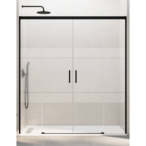 BASIC shower screen with two sliding doors and two fixed panels, 140 cm, Frost screen-printed glass, black finish (1/5)