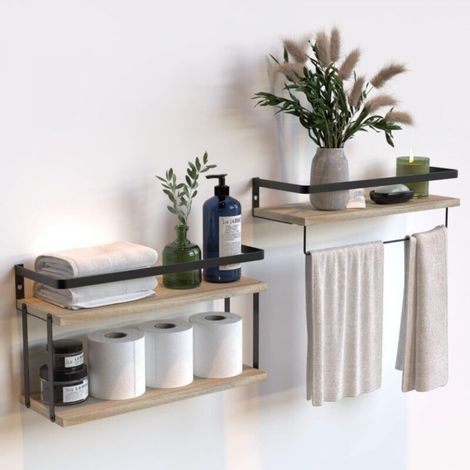 2-Tier and 1-Tier Floating Wall Shelves (Set of Two) with Metal Frame, for Bathroom, Kitchen and Bedroom, with Paper Towel Holder and Towel Rail - Ma (1/5)