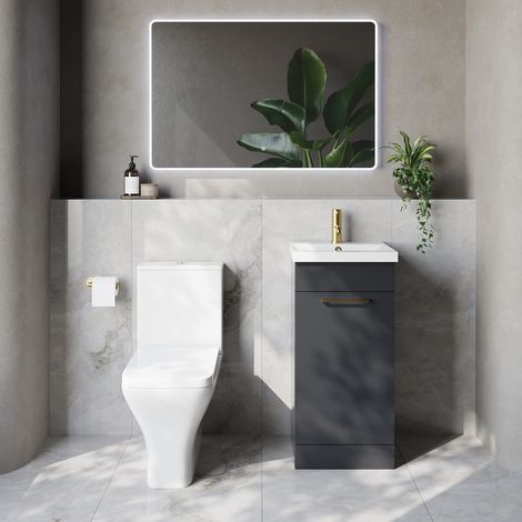 Napoli 390 Gloss Grey 400mm Single Door Vanity Unit and Kingston Toilet Suite with Glide Basin - 400mm - Brushed Brass 160mm Handle