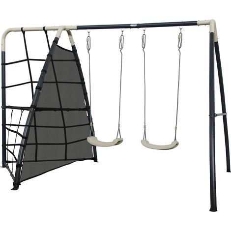 Axi Set De Balançoire En Métal En Anthracite & Crème  Balançoire 2 Agrès / Places & Filet À Grimper  Portique Avec Balançoire De Jardin / Extérieur Pour Enfants