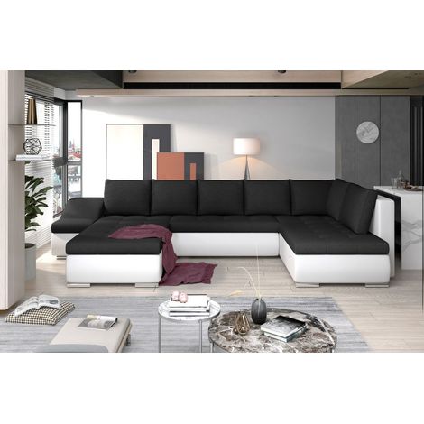 Canapé panoramique GYOVANI noir et blanc angle gauche convertible avec têtières