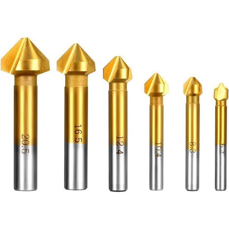 MINKUROW 6 uds HSS avellanador avellanador 90° chaflán avellanador 6,3mm 8,3mm 10,4mm 12,4mm 16,5mm 20,5mm dientes herramienta de revestimiento de titanio cortador de desbarbado cilíndrico para madera (1/5)
