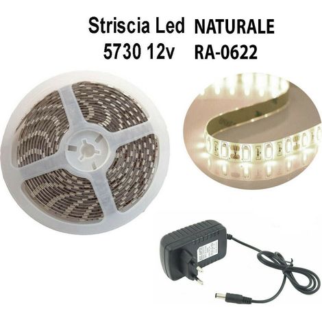 STRISCIA LED 5730 5M LUCE BIANCO NATURALE ADESIVA IP65 CON ALIMENTATORE 12V 2A (1/2)