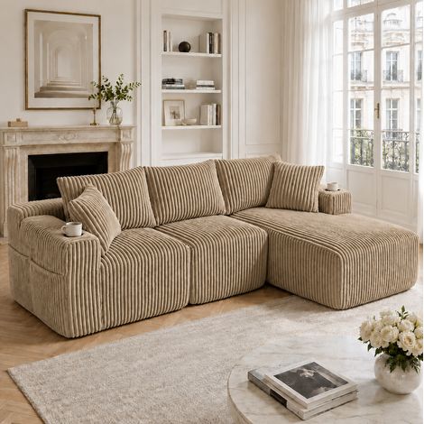 MODFU – Sofá modular de pana con chaise longue, módulo de 2 plazas, 5 cojines, portavasos y bolsillos – Caqui (1/5)