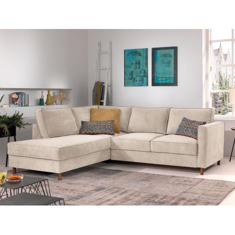 Lisa Design – Canapé d'angle convertible 5 places – Revêtement velours côtelé beige – Structure bois massif – Dimensions L230xH84xP198 cm (1/5)