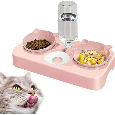 3-in-1 Katzennapf, Futterspender für Katzen, Katzen- und Hundenapf, Futter- und Wasserspender für Katzen, Doppelnapf für Hunde und Futterspender für Katzen (Rosa) (1/5)