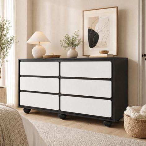 MEUBLIV Buffet 140x38x74,5 cm blanc et noir – 6 tiroirs, design moderne (1/5)