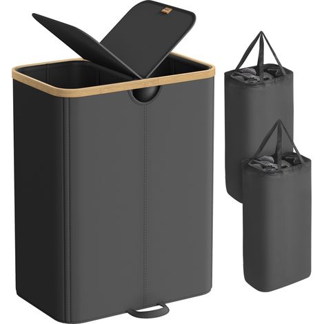 Songmics – Panier à linge 150 litres – 2 compartiments avec couvercle – Sacs amovibles – Tissu Oxford résistant – Pour buanderie, chambre, salon – Noir d'encre, beige naturel