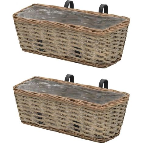 Lot de 2 jardinières de balcon en osier 40 cm, avec doublure PE, fabriquées à la main, paniers suspendus pour balustrade de balcon et jardin, brun (1/5)