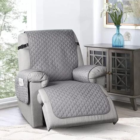 Housse de fauteuil inclinable imperméable avec sangle de fixation réglable, housse de canapé avec poches, protection antidérapante pour animaux de compagnie, enfants, chiens,gris clair (1/5)