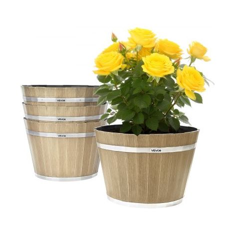 4 Piezas de Macetas, Maceta de 300 x 210 mm con Forma de Barril de Whisky y Orificios de Drenaje, Material de Plástico, para Plantas de Interior y Exterior, Jardín y Hogar, Color Marrón (1/5)