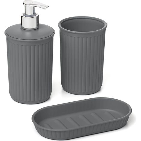 3 Pièces - Ensemble Salle De Bain - Gobelet Distributeur Porte-Savon - Design Moderne Plastique Sans Bpa - Pour Comptoir Lavabo - Gris Anthracite - Divers Tailles (1/3)