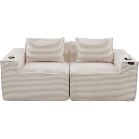 Divano modulare 2 posti in velluto a coste beige con molle, portabicchieri e tasche (1/5)