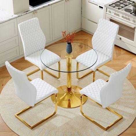 Ensemble table et chaises - WESTYLE - Modernes - Table verre Ø85 cm - 4 chaises capitonnées - Piétement métal doré (1/5)