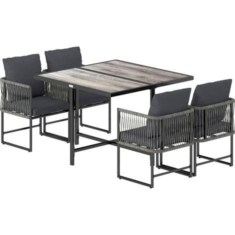 Ensemble de mobilier de jardin en polyrotin, 5 pièces, coin salon gain de place, table et 4 chaises, plateau en résine tressée, coussins, gris (1/5)