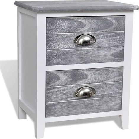 Table de chevet 2 tiroirs paulownia massif blanc et gris Onia (1/4)