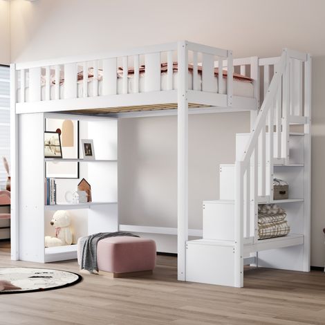 Lit mezzanine 90x200 cm bois blanc, escalier rangement intégré, nombreux compartiments, lit enfant junior fonctionnel (sans matelas) (1/5)