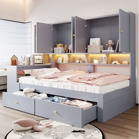 Cama multifuncional 90x200 cm, con escritorio integrado, almacenaje con cajones, MDF gris (1/5)