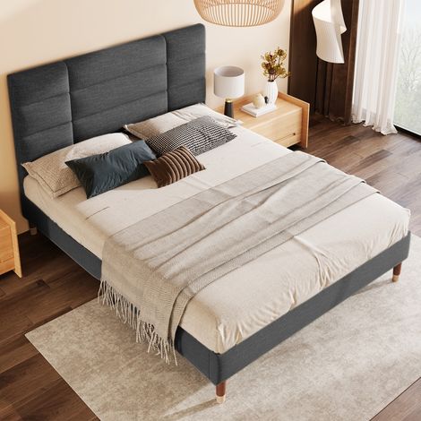 Lit double 140x200 cm avec sommier à lattes et tête de lit capitonnée, cadre de lit en lin gris foncé avec espace de rangement sous lit (1/5)