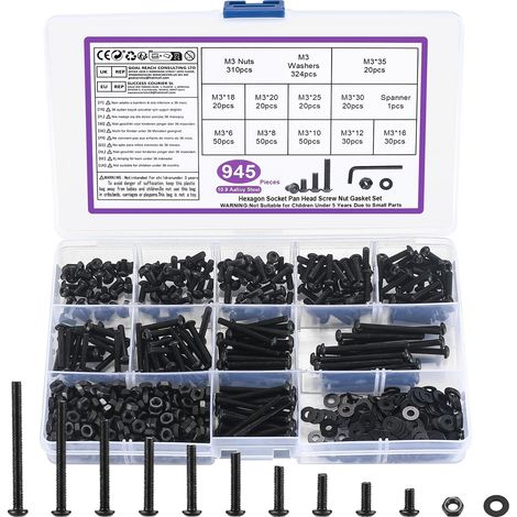 945 Pcs M3 Jeu de Vis et Écrous, Vis Boulon et Écrous à Tête Hexagonale Noir Vis à Tête Hexagonale Ronde et Écrous Et Rondelles Assortiment Kit，et Clés，Acier Au Carbone Vis à Six Pans Creux à Tête (1/5)