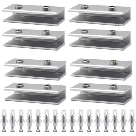 8 Pièces Pinces Verre,Aluminium Supports D'étagère Verre 8 à 10 mm Support Tablette Murale Finition Polie Support Miroir kit Fit Courante Fenêtre Balustrade Réglable Escalier Salle Bains (1/5)