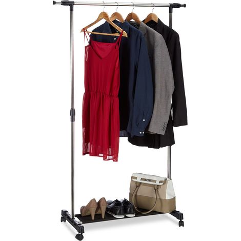 Relaxdays Perchero Burro con Ruedas de Altura Ajustable con Barra y Repisa, Plateado, Acero Inoxidable, 96 - 162 cm