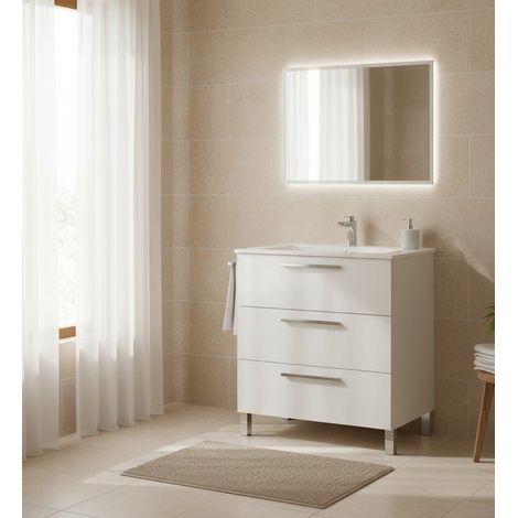 Mobile Sottolavabo - Specchio Incluso 3 Cassetti, Bianco Lucido, -, 80x86x45h cm Camiri