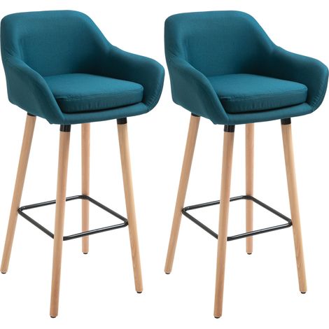 Tabourets de Bar Design scandinave - Lot de 2 tabourets de Bar Grand Confort avec Repose-Pieds et accoudoirs - Bois massif Lin bleu