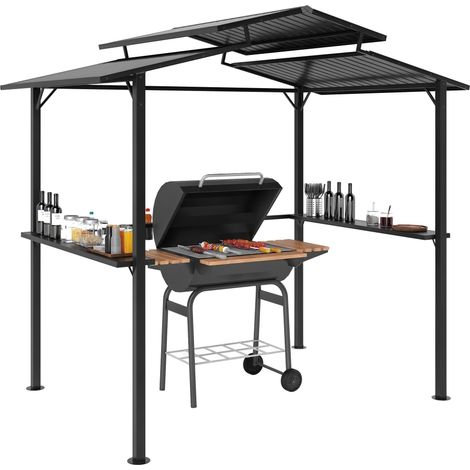 Pavillon de jardin avec barbecue 250 x 160 x 250 cm, étanche, avec toit à double paroi et étagères latérales, noir (1/5)