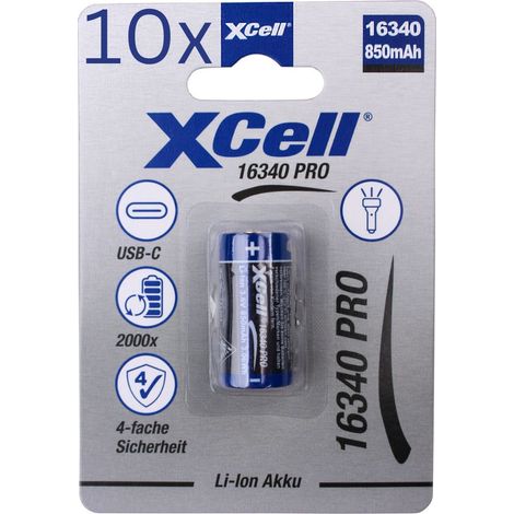 10x XCell 16340 Pro Li-Ion Akku 3,6V 850mAh USB-C – CR123A-Format (1/2)