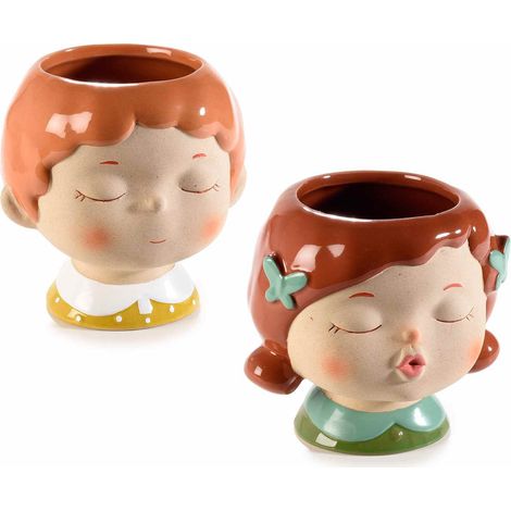 Vasi portatrucchi / organizer make up / decorativi in ceramica a forma di volto di ragazza, set da 4 pezzi, cm 14 x 12,5 x 14,5 H