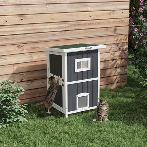 Casa para gatos de madera impermeable de 2 pisos con entradas divertidas, caseta para mascotas de exterior con techo abatible, 60x60x90,5 cm.
