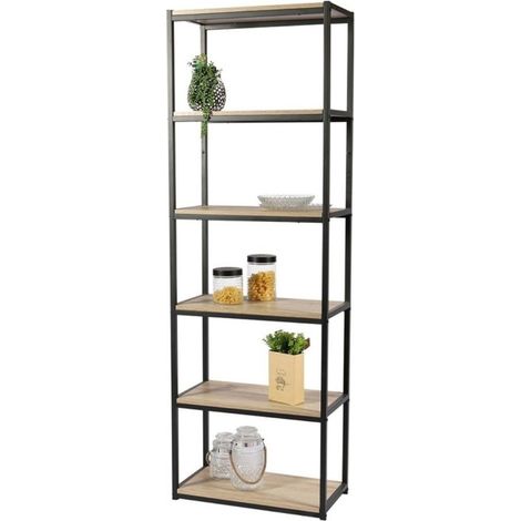 Biblioteca a 6 livelli collezione RANONG – Stile industriale, colori rovere e nero (1/3)
