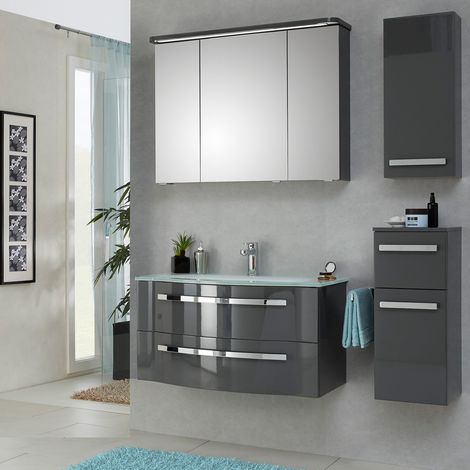 Badezimmermöbel Set mit 92cm Glaswaschtisch FES-4005-66 Quarzgrau lackiert, B/H/T: 137/200/49,1cm (1/5)