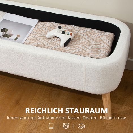 Banc coffre de rangement 65 L en tissu polaire effet peluche, bois d'hévéa, 120 x 42 x 45 cm, blanc crème