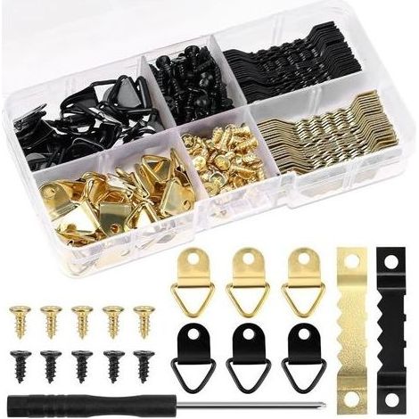 100 pcs cadre photo crochets suspendus robustes - Cintres à cadre en dents de scie à double trou avec vis Fixations pour cadres 150pcs vis avec boîte de rangement (or et noir) (1/5)