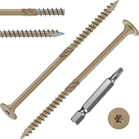 25 Pièces Vis à Bois Torx pour Panneaux D'aggloméré 6,3x115mm Vis à Tête Ronde Disque,Vis Autotaraudeuses Torx Universelles Pour Construction de Toiture,Terrasse Avec 1 T30 Bits.Jaune époxy. (1/5)